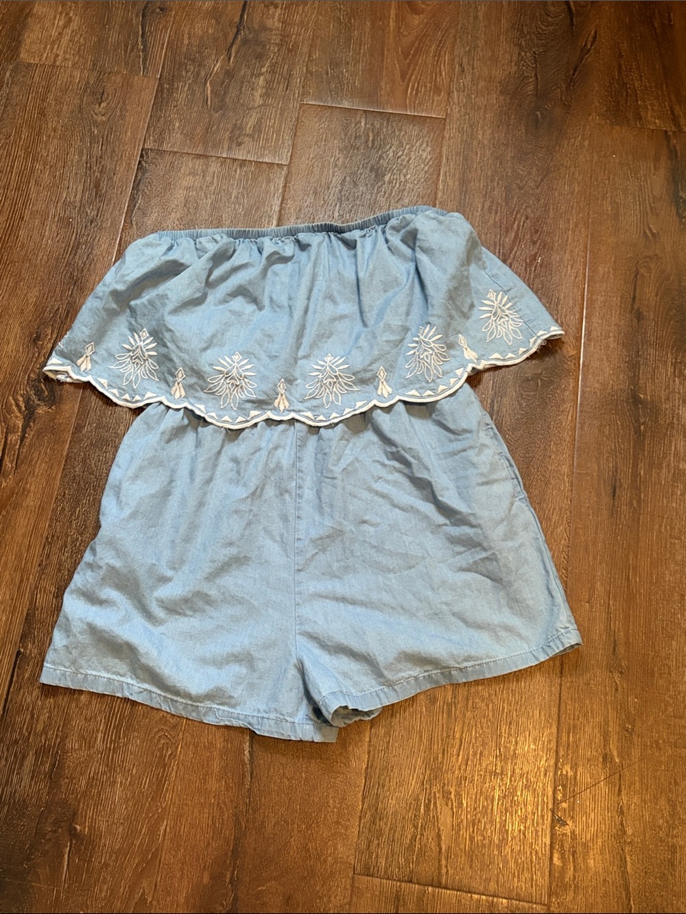Japna Blue Chambray Strapless Ruffle Floral Embroidered Romper Women's Large